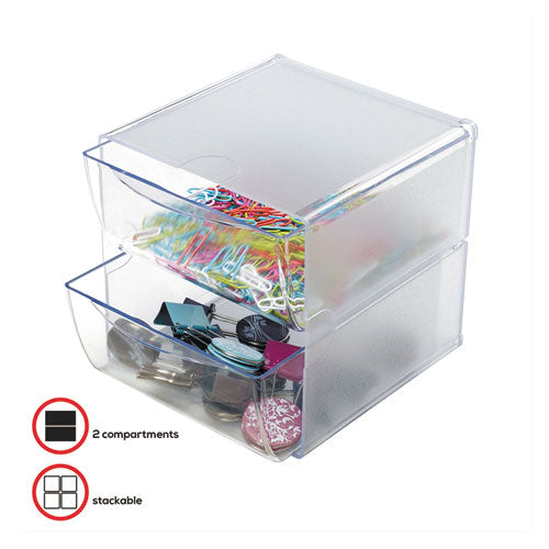 Image of deflecto® 350101 Stackable Cube Organizer, 2 Compartments, 2 Drawers, Plastic, 6 x 7.2 x 6, Clear