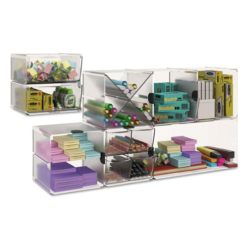 Image of deflecto® 350101 Stackable Cube Organizer, 2 Compartments, 2 Drawers, Plastic, 6 x 7.2 x 6, Clear