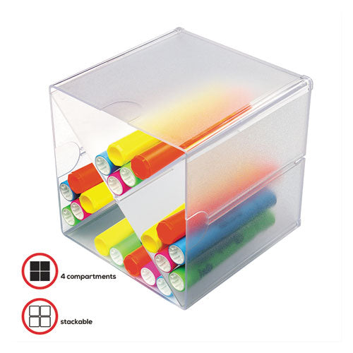 Image of deflecto® 350201 Stackable Cube Organizer, X Divider, 4 Compartments, Plastic, 6 x 7.2 x 6, Clear