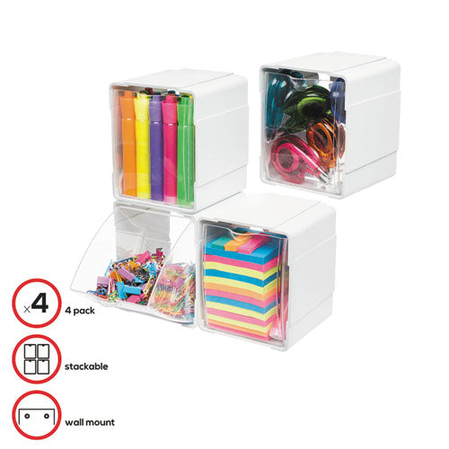 Image of deflecto® 421103 Tilt Bin Interlocking 4-Bin Organizer, Plastic, 4.63 x 4.88 x 5.5, White/Clear