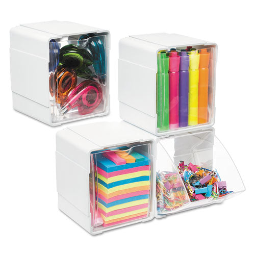 Image of deflecto® 421103 Tilt Bin Interlocking 4-Bin Organizer, Plastic, 4.63 x 4.88 x 5.5, White/Clear