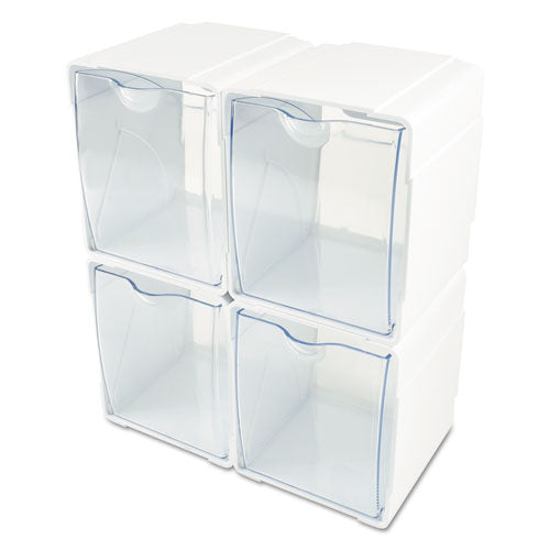 Image of deflecto® 421103 Tilt Bin Interlocking 4-Bin Organizer, Plastic, 4.63 x 4.88 x 5.5, White/Clear
