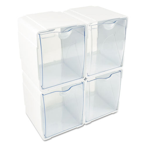 Image of deflecto® 421103 Tilt Bin Interlocking 4-Bin Organizer, Plastic, 4.63 x 4.88 x 5.5, White/Clear