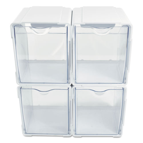Image of deflecto® 421103 Tilt Bin Interlocking 4-Bin Organizer, Plastic, 4.63 x 4.88 x 5.5, White/Clear