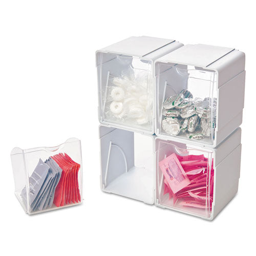 Image of deflecto® 421103 Tilt Bin Interlocking 4-Bin Organizer, Plastic, 4.63 x 4.88 x 5.5, White/Clear