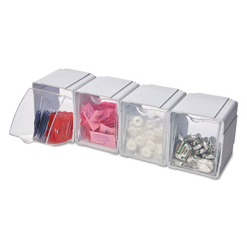 Image of deflecto® 421103 Tilt Bin Interlocking 4-Bin Organizer, Plastic, 4.63 x 4.88 x 5.5, White/Clear