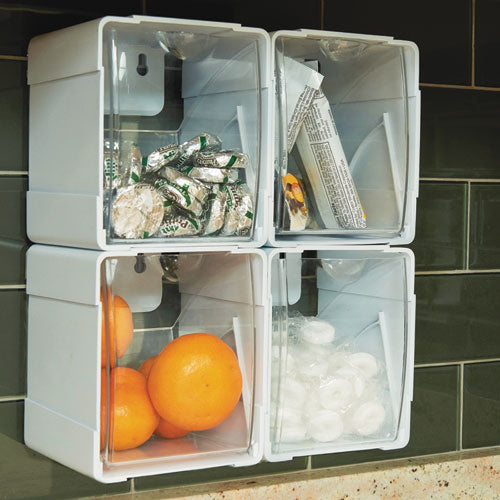Image of deflecto® 421103 Tilt Bin Interlocking 4-Bin Organizer, Plastic, 4.63 x 4.88 x 5.5, White/Clear