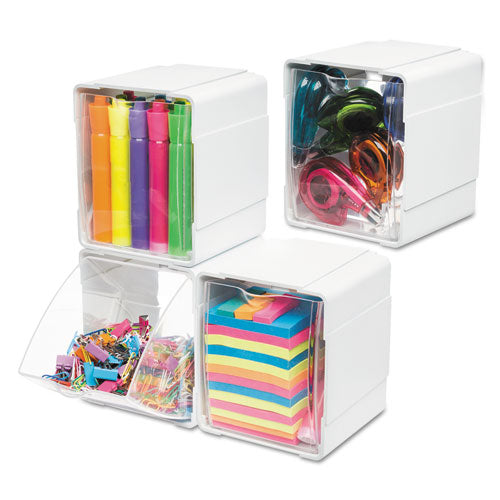 Image of deflecto® 421103 Tilt Bin Interlocking 4-Bin Organizer, Plastic, 4.63 x 4.88 x 5.5, White/Clear