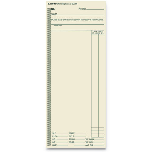 Image of TOPS 1261 Time Clock Cards, Replacement For Atr206/c3000/m-154, One Side, 3.38 X 8.25, 500/box