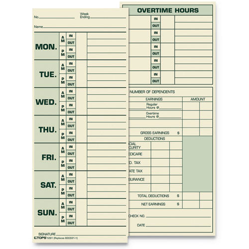 Image of TOPS 1291 Time Clock Cards, Replacement For 331-10, Two Sides, 3.5 X 8.5, 500/box