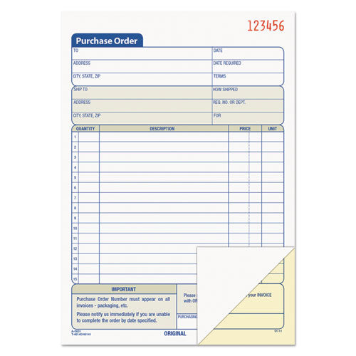 Image of TOPS 46140 Purchase Order Book, 12 Lines, Two-Part Carbonless, 5.56 x 8.44, 50 Forms Total