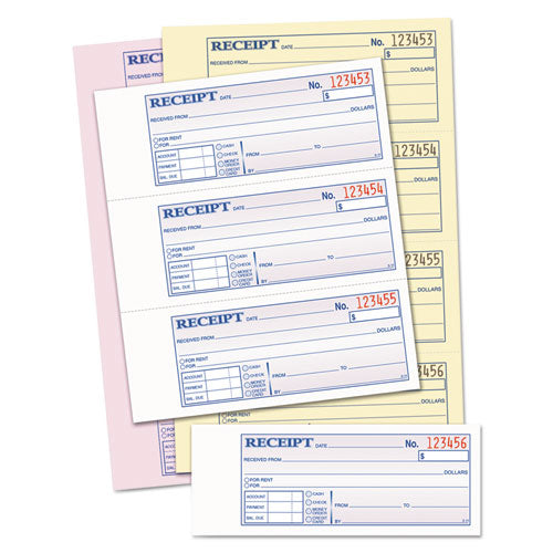 Image of TOPS 46808 Money and Rent Receipt Book, Account + Payment Sections, Three-Part Carbonless, 7.13 x 2.75, 4 Forms/Sheet, 100 Forms Total