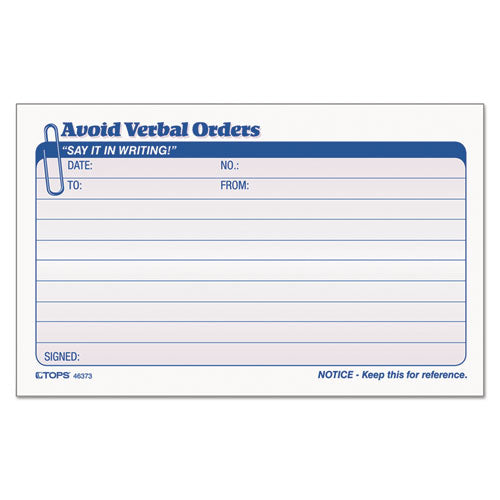 Image of TOPS 46373 Avoid Verbal Orders Manifold Book, Two-Part Carbonless, 6.25 x 4.25, 50 Forms Total