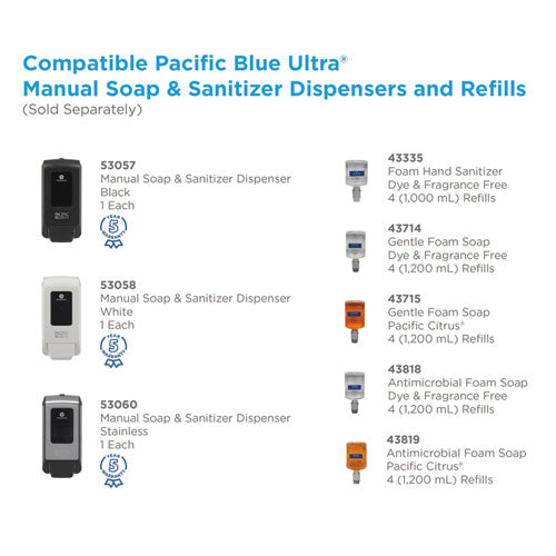Image of Georgia Pacific® Professional 43819 Pacific Blue Ultra Foam Soap Manual Dispenser Refill, Antimicrobial, Pacific Citrus Scent, 1,200 mL, 4/Carton