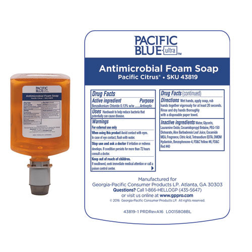 Image of Georgia Pacific® Professional 43819 Pacific Blue Ultra Foam Soap Manual Dispenser Refill, Antimicrobial, Pacific Citrus Scent, 1,200 mL, 4/Carton