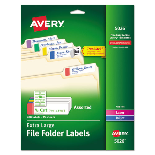 Image of Avery® 05026 Extra-Large TrueBlock File Folder Labels with Sure Feed Technology, 0.94" x 3.44", White, 18/Sheet, 25 Sheets/Pack