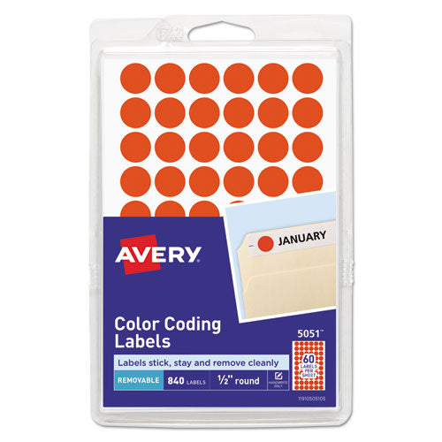 Image of Avery® 05051 Handwrite Only Self-Adhesive Removable Round Color-Coding Labels, 0.5" dia, Neon Red, 60/Sheet, 14 Sheets/Pack, (5051)