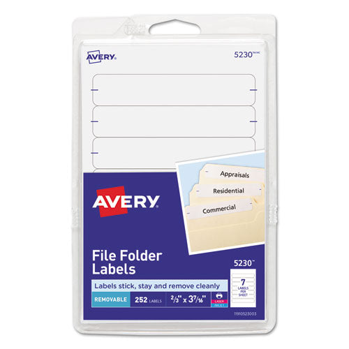 Image of Avery® 05230 Removable File Folder Labels with Sure Feed Technology, 0.66" x 3.44", White, 7/Sheet, 36 Sheets/Pack