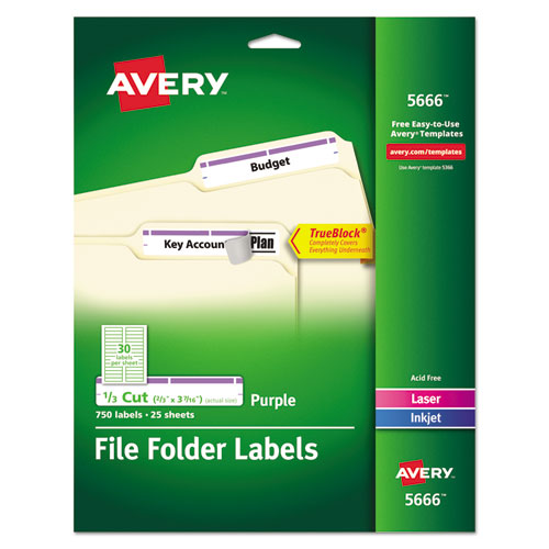 Image of Avery® 05666 Permanent TrueBlock File Folder Labels with Sure Feed Technology, 0.66" x 3.44", White, 30/Sheet, 25 Sheets/Pack