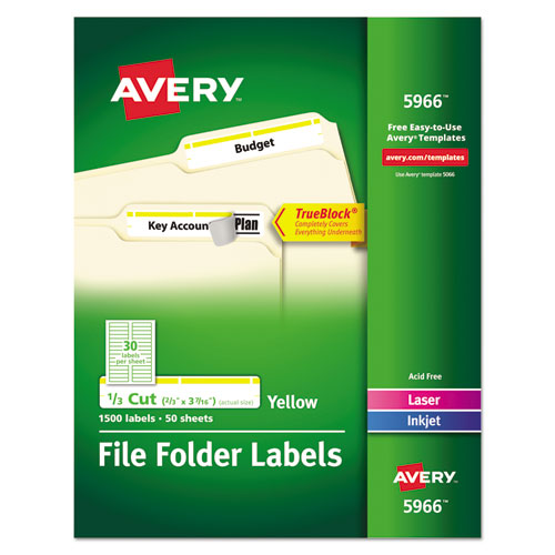 Image of Avery® 05966 Permanent TrueBlock File Folder Labels with Sure Feed Technology, 0.66 x 3.44, Yellow/White, 30/Sheet, 50 Sheets/Box