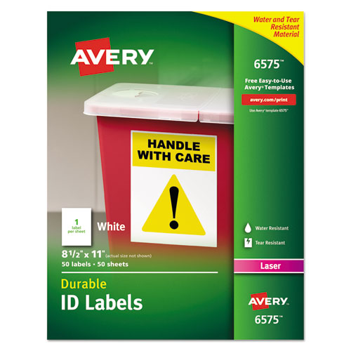 Image of Avery® 06575 Durable Permanent Id Labels With Trueblock Technology, Laser Printers, 8.5 X 11, White, 50/pack