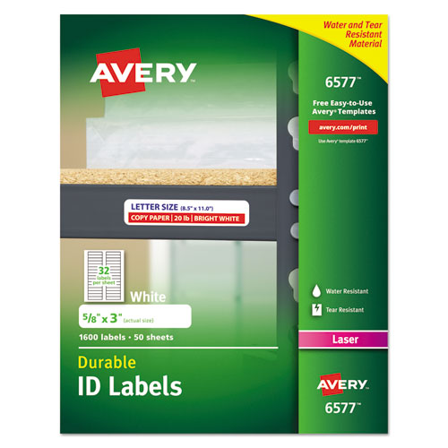 Image of Avery® 06577 Durable Permanent Id Labels With Trueblock Technology, Laser Printers, 0.63 X 3, White, 32/sheet, 50 Sheets/pack