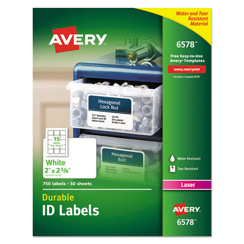 Image of Avery® 06578 Durable Permanent Id Labels With Trueblock Technology, Laser Printers, 2 X 2.63, White, 15/sheet, 50 Sheets/pack