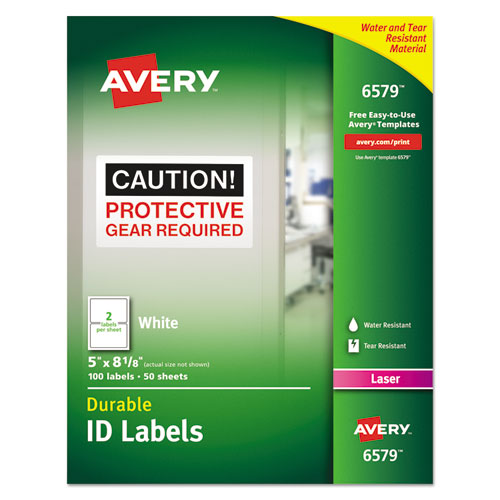 Image of Avery® 06579 Durable Permanent Id Labels With Trueblock Technology, Laser Printers, 5 X 8.13, White, 2/sheet, 50 Sheets/pack