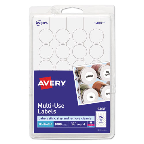 Image of Avery® 05408 Removable Multi-Use Labels, Inkjet/Laser Printers, 0.75" dia, White, 24/Sheet, 42 Sheets/Pack, (5408)