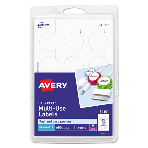 Image of Avery® 05410 Removable Multi-Use Labels, Inkjet/Laser Printers, 1" dia, White, 12/Sheet, 50 Sheets/Pack, (5410)