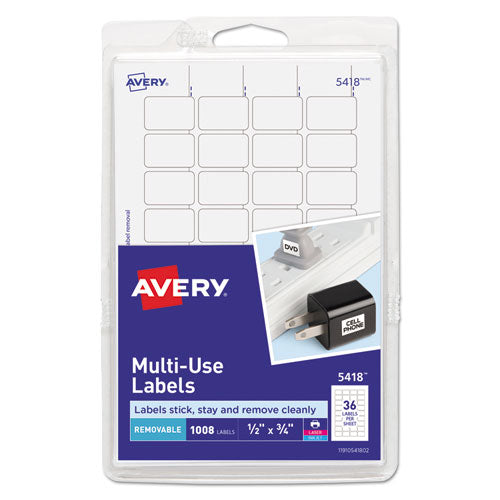 Image of Avery® 05418 Removable Multi-Use Labels, Inkjet/laser Printers, 0.5 X 0.75, White, 36/sheet, 28 Sheets/pack, (5418)