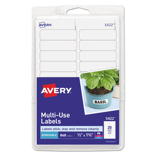 Image of Avery® 05422 Removable Multi-Use Labels, Inkjet/laser Printers, 0.5 X 1.75, White, 20/sheet, 42 Sheets/pack, (5422)