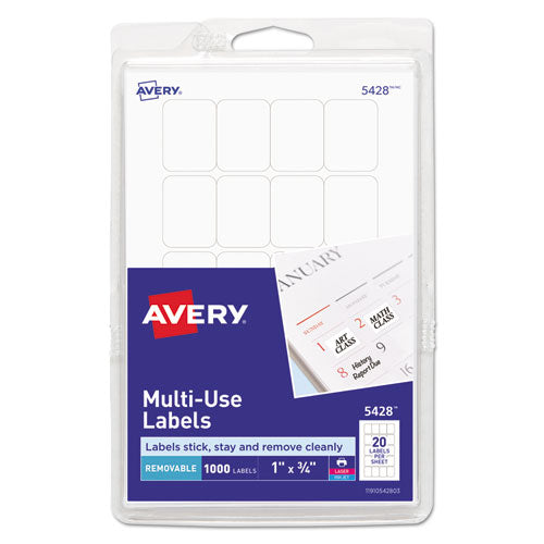 Image of Avery® 05428 Removable Multi-Use Labels, Inkjet/laser Printers, 1 X 0.75, White, 20/sheet, 50 Sheets/pack, (5428)