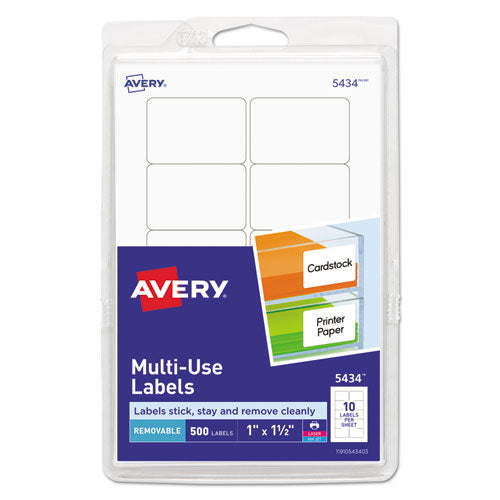 Image of Avery® 05434 Removable Multi-Use Labels, Inkjet/laser Printers, 1 X 1.5, White, 10/sheet, 50 Sheets/pack, (5434)