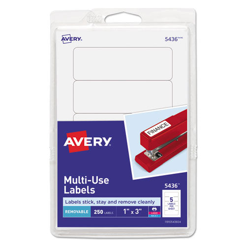 Image of Avery® 05436 Removable Multi-Use Labels, Inkjet/laser Printers, 1 X 3, White, 5/sheet, 50 Sheets/pack, (5436)
