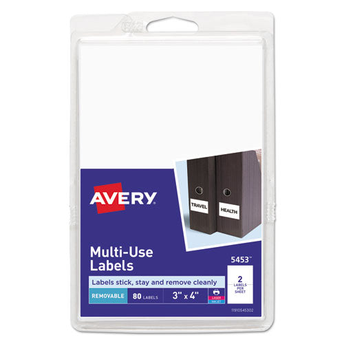 Image of Avery® 05453 Removable Multi-Use Labels, Inkjet/laser Printers, 3 X 4, White, 2/sheet, 40 Sheets/pack, (5453)