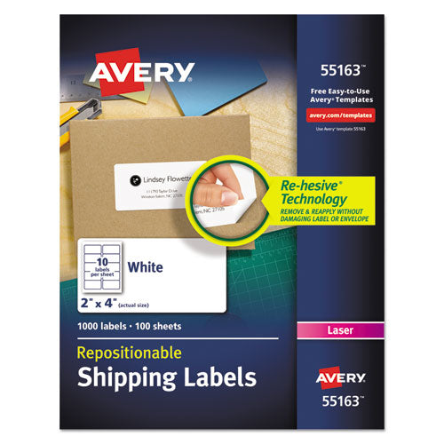 Image of Avery® 55163 Repositionable Shipping Labels W/sure Feed, Inkjet/laser, 2 X 4, White, 1000/box