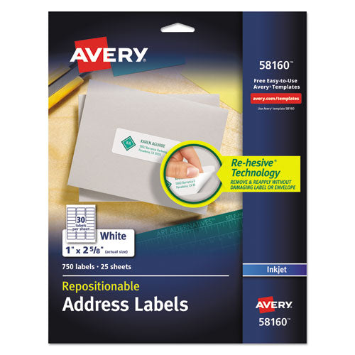 Image of Avery® 58160 Repositionable Address Labels w/SureFeed, Inkjet/Laser, 1 x 2.63, White, 750/BX