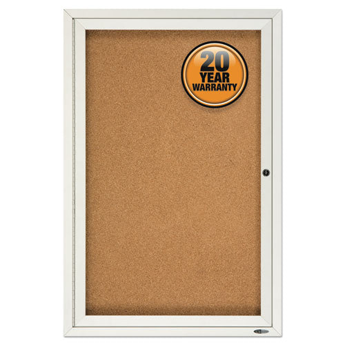 Image of Quartet® 2363 Enclosed Indoor Cork Bulletin Board with One Hinged Door, 24" x 36", Tan Surface, Satin Aluminum Frame