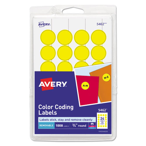 Image of Avery® 05462 Printable Self-Adhesive Removable Color-Coding Labels, 0.75" dia, Yellow, 24/Sheet, 42 Sheets/Pack, (5462)