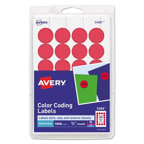 Image of Avery® 05466 Printable Self-Adhesive Removable Color-Coding Labels, 0.75" dia, Red, 24/Sheet, 42 Sheets/Pack, (5466)