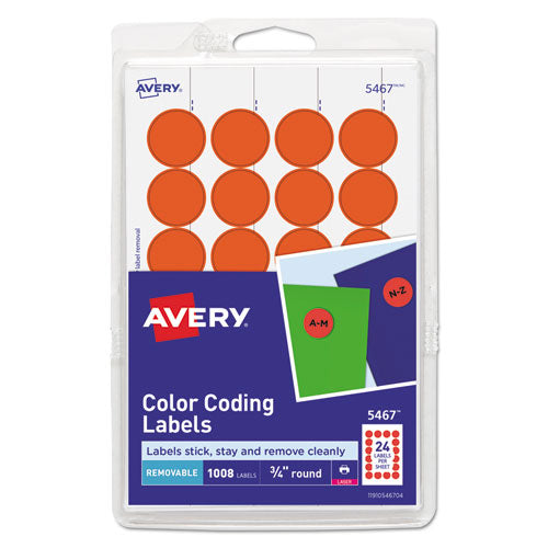 Image of Avery® 05467 Printable Self-Adhesive Removable Color-Coding Labels, 0.75" dia, Neon Red, 24/Sheet, 42 Sheets/Pack, (5467)