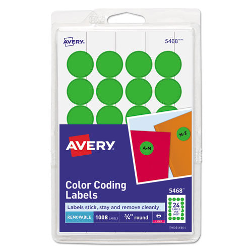 Image of Avery® 05468 Printable Self-Adhesive Removable Color-Coding Labels, 0.75" dia, Neon Green, 24/Sheet, 42 Sheets/Pack, (5468)