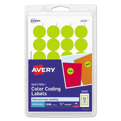 Image of Avery® 05470 Printable Self-Adhesive Removable Color-Coding Labels, 0.75" dia, Neon Yellow, 24/Sheet, 42 Sheets/Pack, (5470)