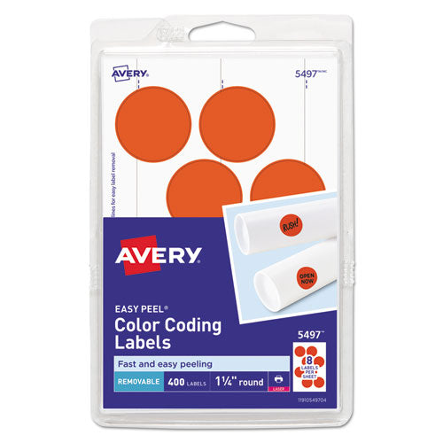 Image of Avery® 05497 Printable Self-Adhesive Removable Color-Coding Labels, 1.25" dia, Neon Red, 8/Sheet, 50 Sheets/Pack, (5497)