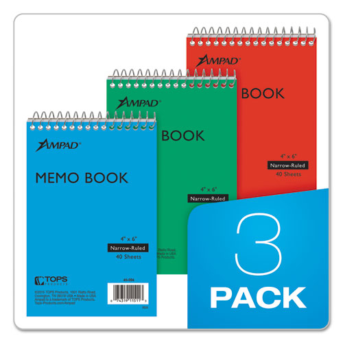 Image of Ampad® 45-094 Memo Pads, Assorted Cover Colors, Narrow Rule, (40) White 4 x 6 Sheets, 3/Pack