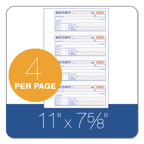 Image of Adams® TC1182 Receipt Book, Three-Part Carbonless, 7.19 x 2.75, 4 Forms/Sheet, 100 Forms Total