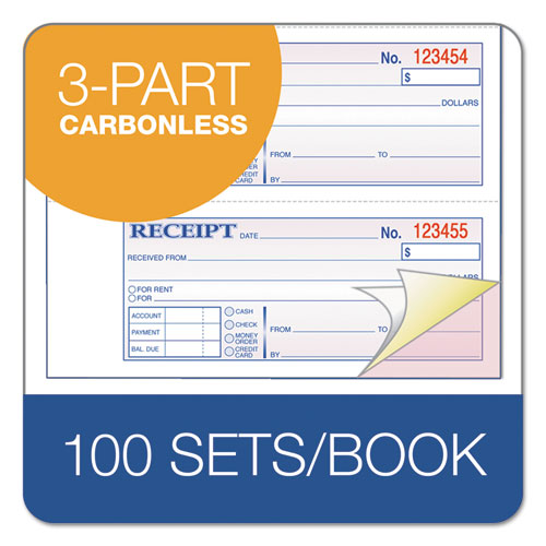 Image of Adams® TC1182 Receipt Book, Three-Part Carbonless, 7.19 x 2.75, 4 Forms/Sheet, 100 Forms Total