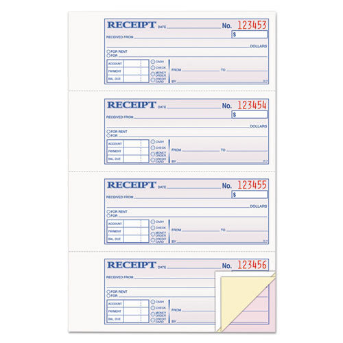 Image of Adams® TC1182 Receipt Book, Three-Part Carbonless, 7.19 x 2.75, 4 Forms/Sheet, 100 Forms Total