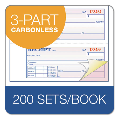 Image of Adams® TCH1185 Multipart Money/Rent Receipt Book, Casebound (Hard Cover), Three-Part Carbonless, 7 x 2.75, 4 Forms/Sheet, 200 Forms Total